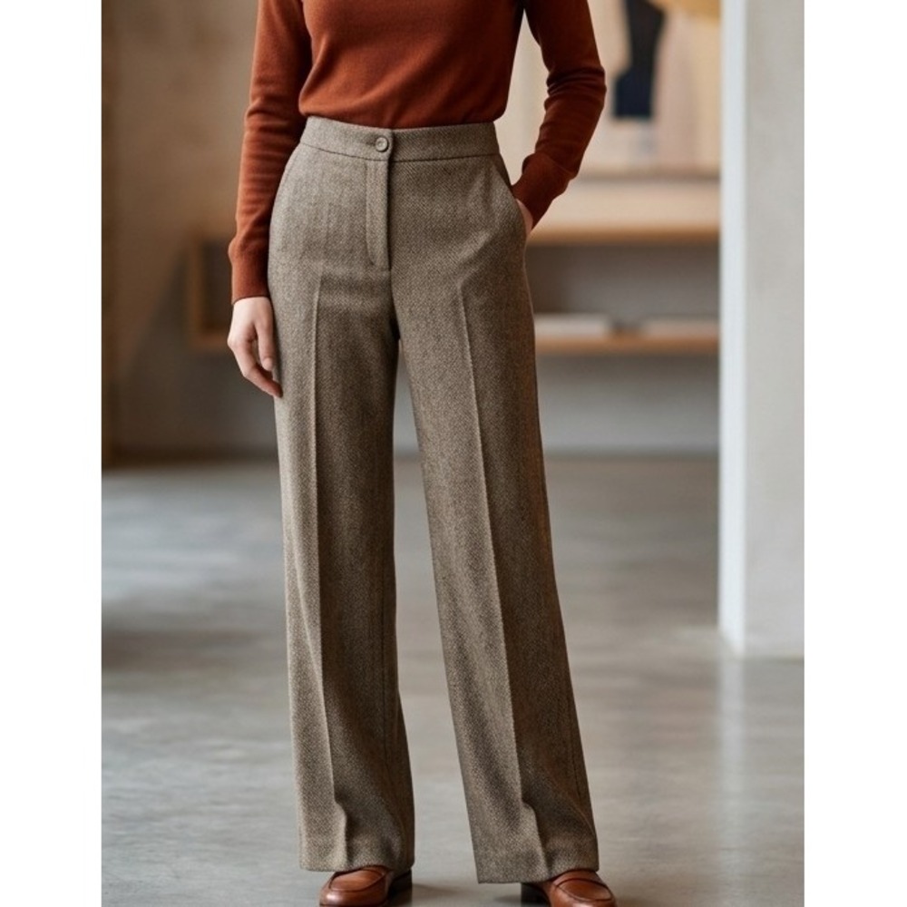 John Galt Brandy Melville S Brown Herringbone Wool Blend Wide Leg Trousers Pants